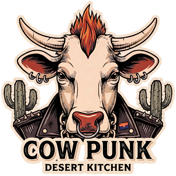 Cow Punk Desert Kitchen illustrated mohawk cow logo