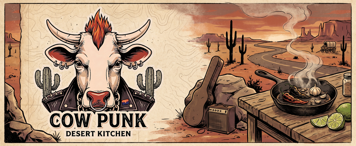 Cow Punk Desert Kitchen mohawk cow in an illustrated Southwest desert kitchen